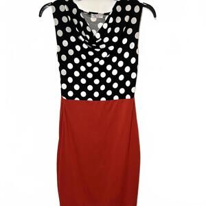 VISIJNET Classy Black White Polka Dot Sleeveless Red Chic Pencil Dress Small